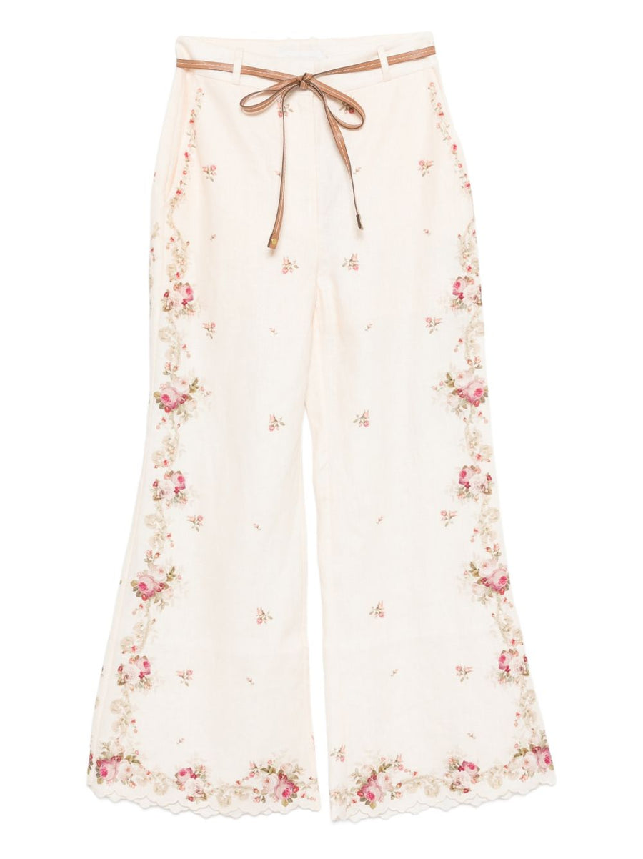 Zimmermann Patience Linen Trousers For Women Resort Ready 100 Percent Linen With Cream Floral Embroidery