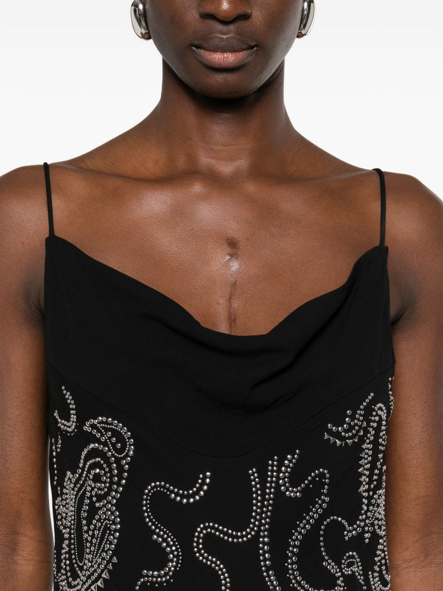 Iro Ombry Long Dress for Women Black Cowl Neck Maxi with Subtle Stud Embellishments for Evening Glamour