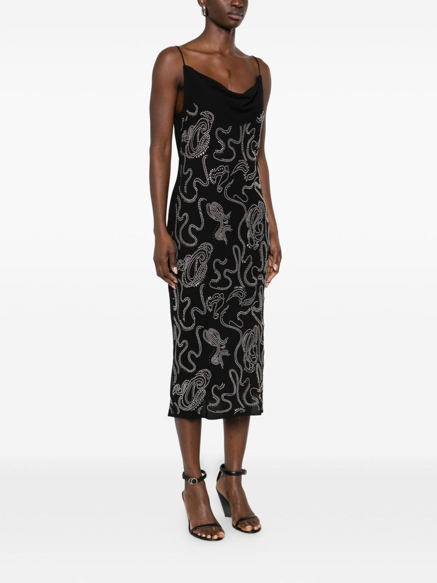 Iro Ombry Long Dress for Women Black Cowl Neck Maxi with Subtle Stud Embellishments for Evening Glamour