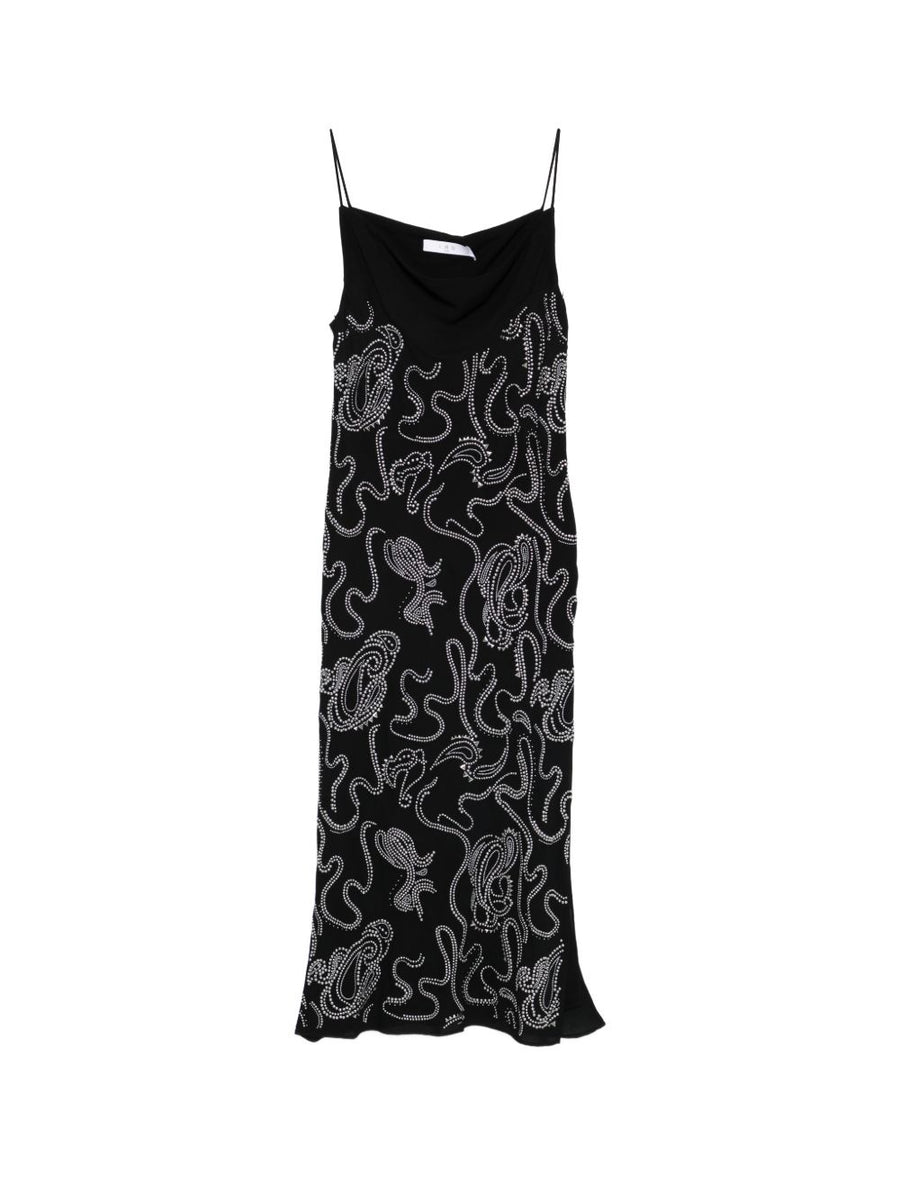 Iro Ombry Long Dress for Women Black Cowl Neck Maxi with Subtle Stud Embellishments for Evening Glamour