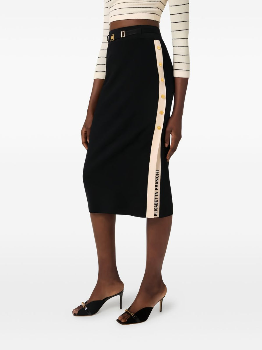 Elisabetta Franchi Black Knitted Midi Skirt With Belted Waist Side Slit