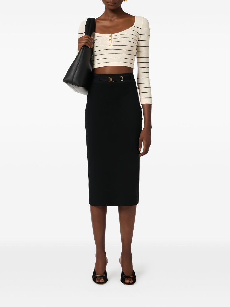Elisabetta Franchi Black Knitted Midi Skirt With Belted Waist Side Slit