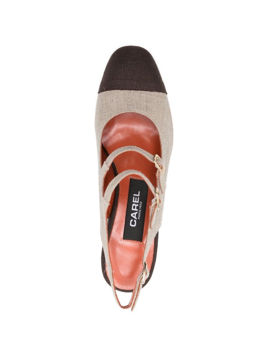 Carel Paris Papaya Slingback Pumps For Women With Almond Toe Brown Fabric 6 Cm Block Heel