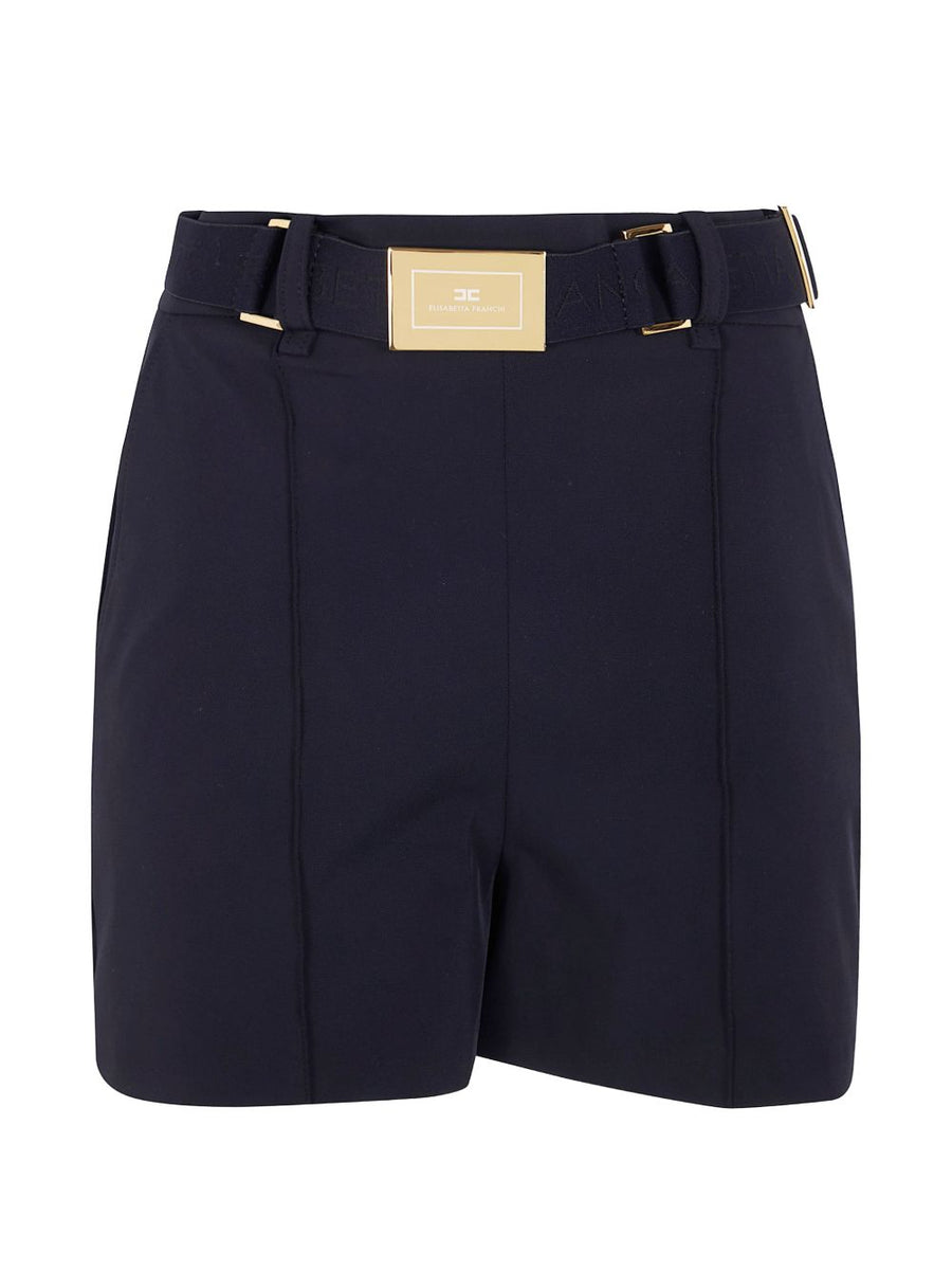 Elisabetta Franchi Belted Shorts Black Nylon Elastane With Gold Buckle Logo Detail For Women