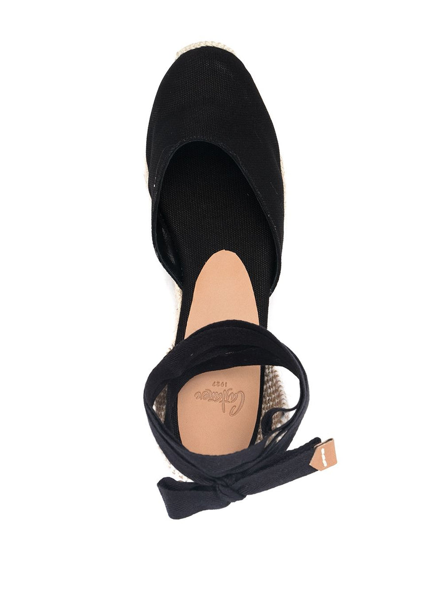 Castañer Carina Espadrilles Black Leather Braided Raffia Wedge Ankle Strap Women