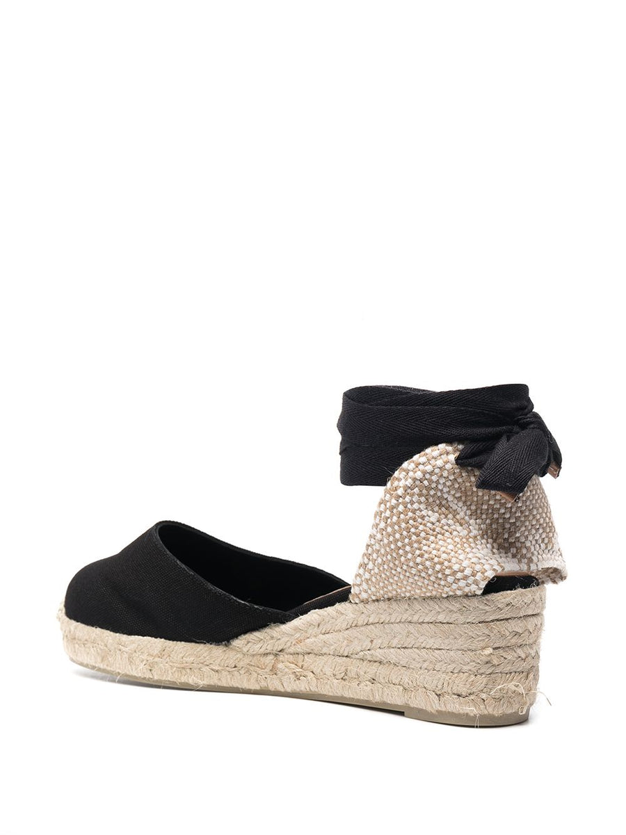 Castañer Carina Espadrilles Black Leather Braided Raffia Wedge Ankle Strap Women