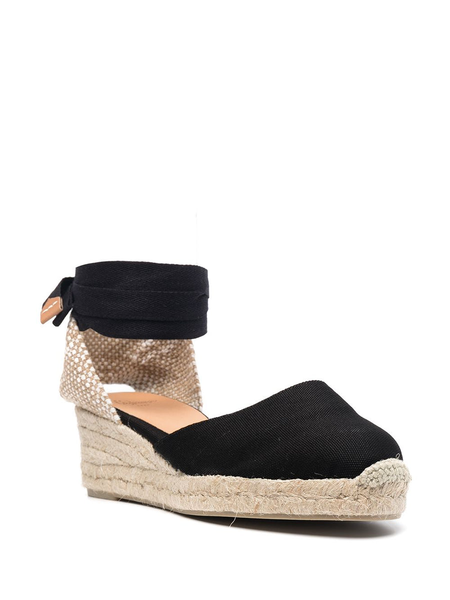 Castañer Carina Espadrilles Black Leather Braided Raffia Wedge Ankle Strap Women