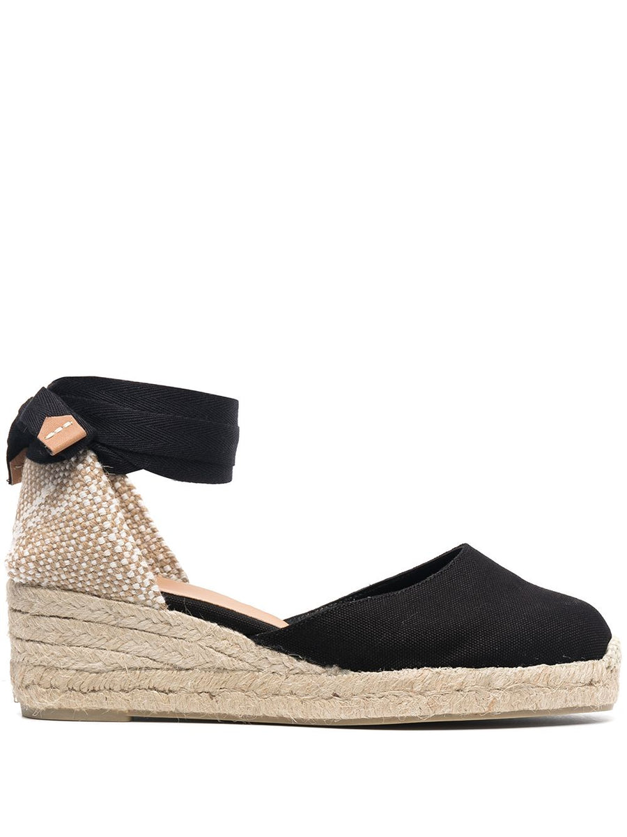 Castañer Carina Espadrilles Black Leather Braided Raffia Wedge Ankle Strap Women