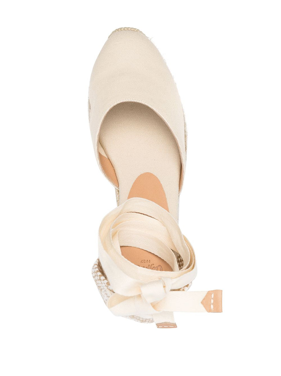 Castañer Carina Espadrilles for Women Elegant Closed Toe Cream White Grained Upper Tie Ankle Strap 5.5cm Heel