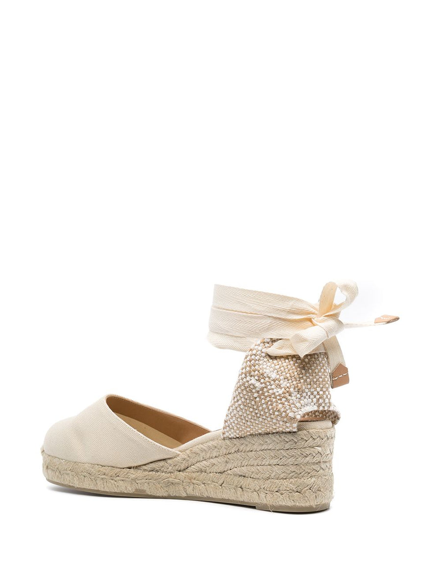Castañer Carina Espadrilles for Women Elegant Closed Toe Cream White Grained Upper Tie Ankle Strap 5.5cm Heel