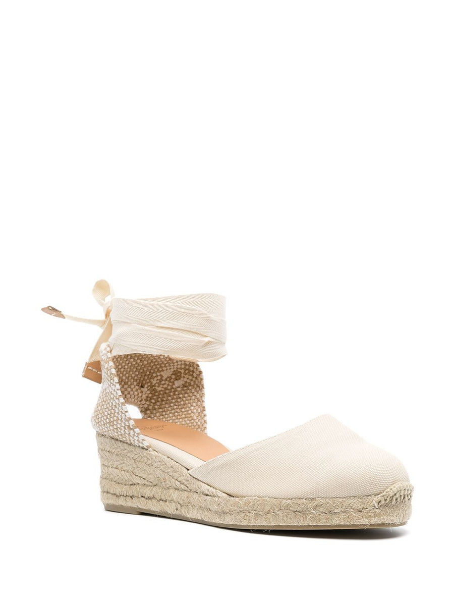 Castañer Carina Espadrilles for Women Elegant Closed Toe Cream White Grained Upper Tie Ankle Strap 5.5cm Heel