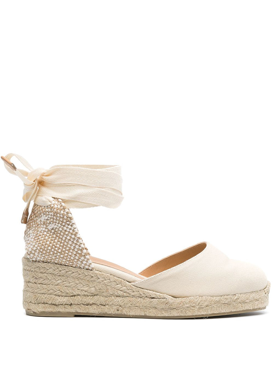 Castañer Carina Espadrilles for Women Elegant Closed Toe Cream White Grained Upper Tie Ankle Strap 5.5cm Heel