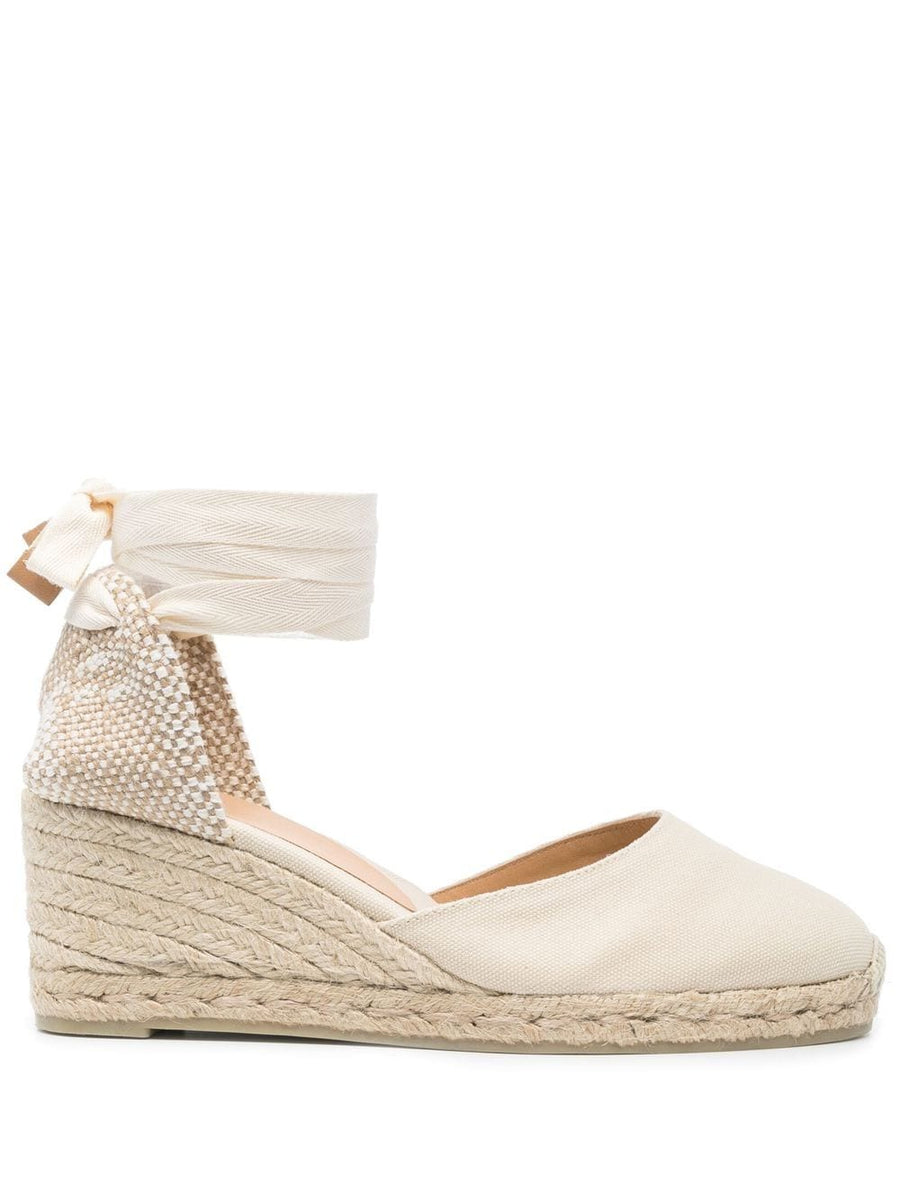 Castañer Carina Lace Up Wedge Espadrilles for Women, White Fabric Upper, Luxurious Branded Insole