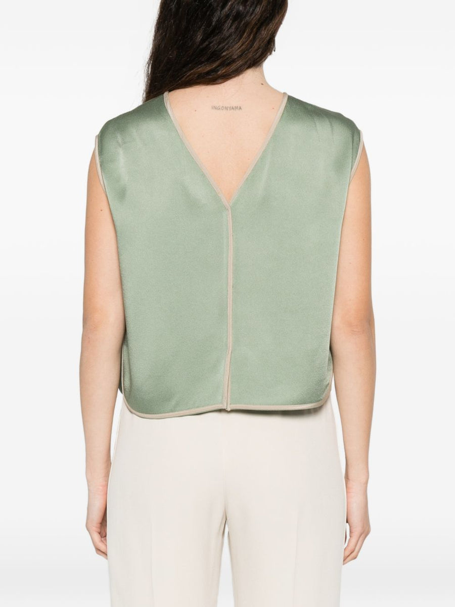 Forte Forte Green Sleeveless Top Acrylic Viscose Round Neck Khaki Trim