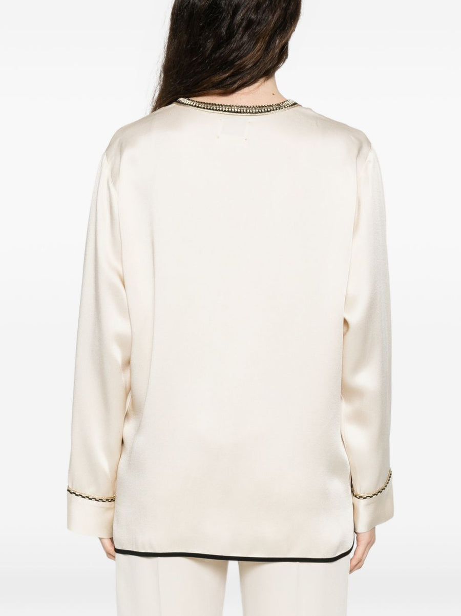 Forte Forte V Neck Kimono Jacket White With Ivory Metallic Trim Luxury Womens Day To Evening Wear