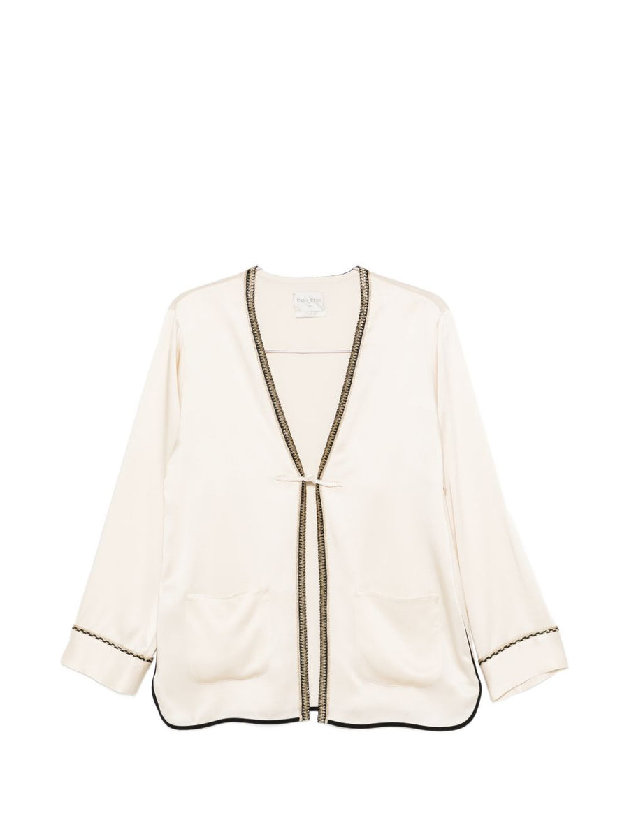 Forte Forte V Neck Kimono Jacket White With Ivory Metallic Trim Luxury Womens Day To Evening Wear