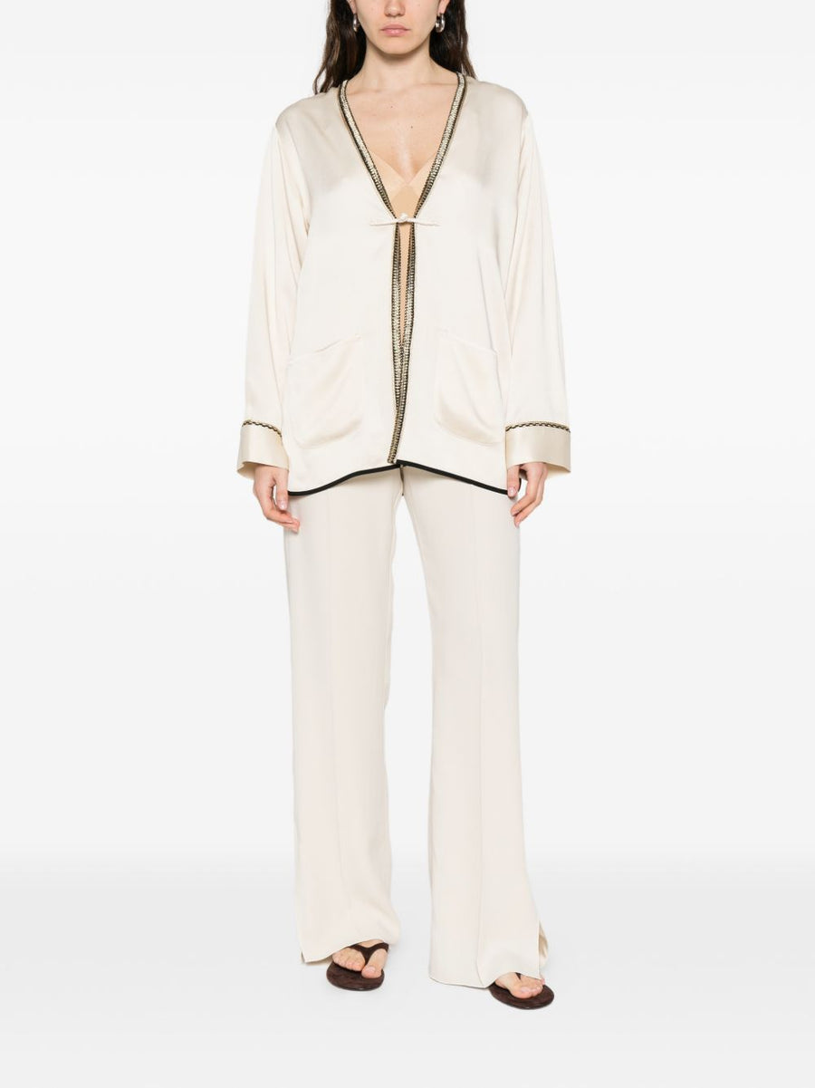 Forte Forte V Neck Kimono Jacket White With Ivory Metallic Trim Luxury Womens Day To Evening Wear