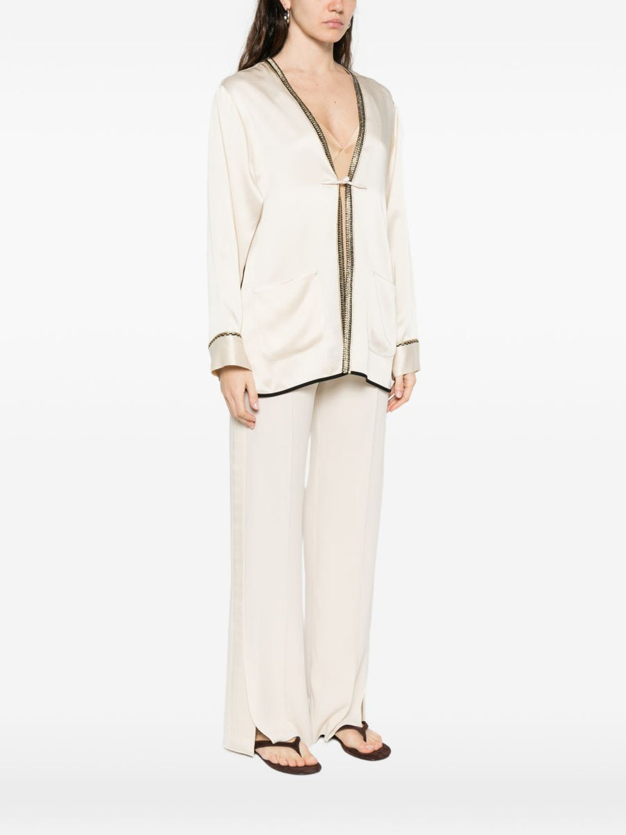 Forte Forte V Neck Kimono Jacket White With Ivory Metallic Trim Luxury Womens Day To Evening Wear