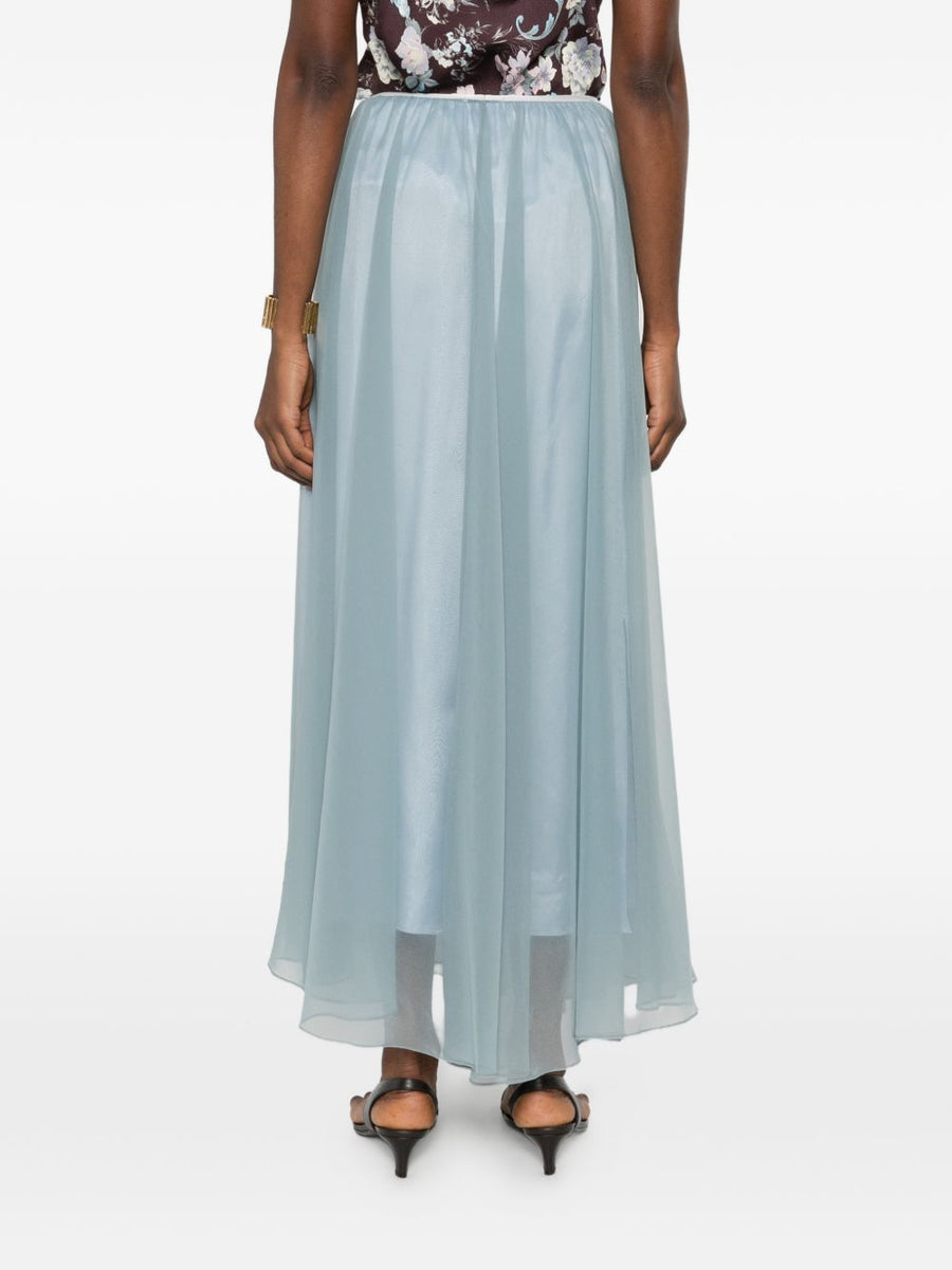 Forte Forte Chiffon Long Skirt Luxurious Tiered Silhouette For Women Elastic Waist Semi Sheer Blue