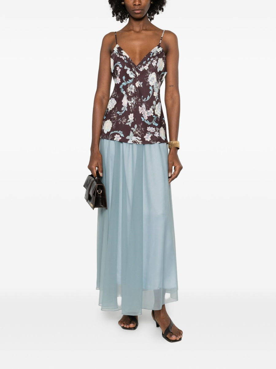 Forte Forte Chiffon Long Skirt Luxurious Tiered Silhouette For Women Elastic Waist Semi Sheer Blue