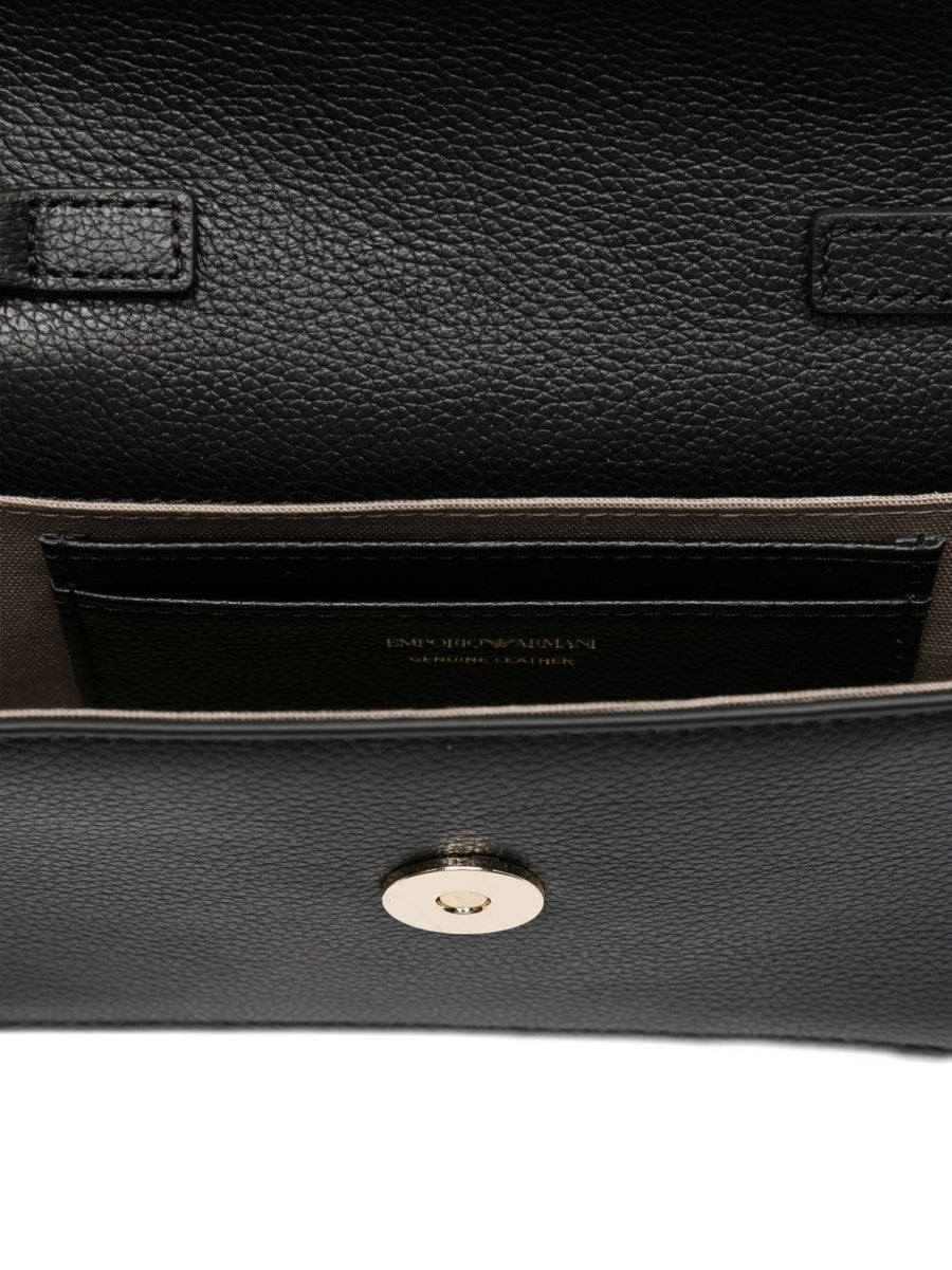 Emporio Armani Black Leather Mini Clutch With Chain Strap Flap Closure