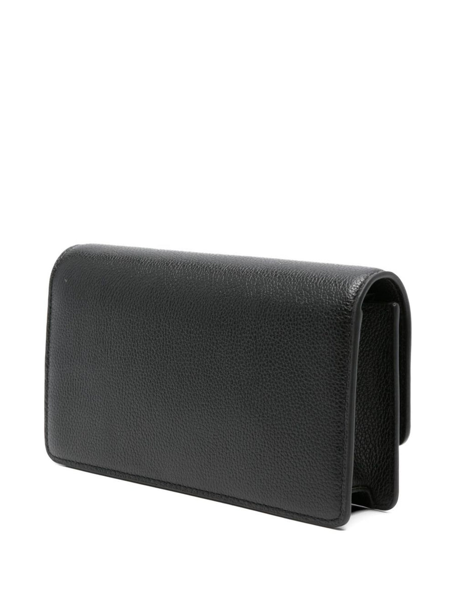 Emporio Armani Black Leather Mini Clutch With Chain Strap Flap Closure