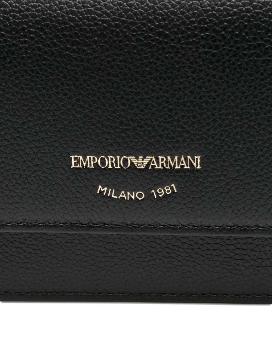 Emporio Armani Black Leather Mini Clutch With Chain Strap Flap Closure