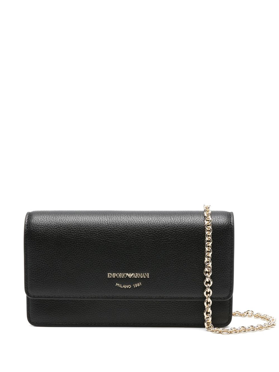 Emporio Armani Black Leather Mini Clutch With Chain Strap Flap Closure
