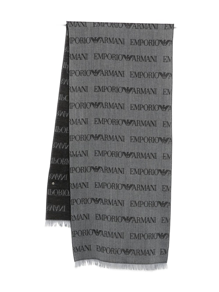 Emporio Armani Virgin Wool Blend Scarf With Jacquard Lettering Logo And Fringes