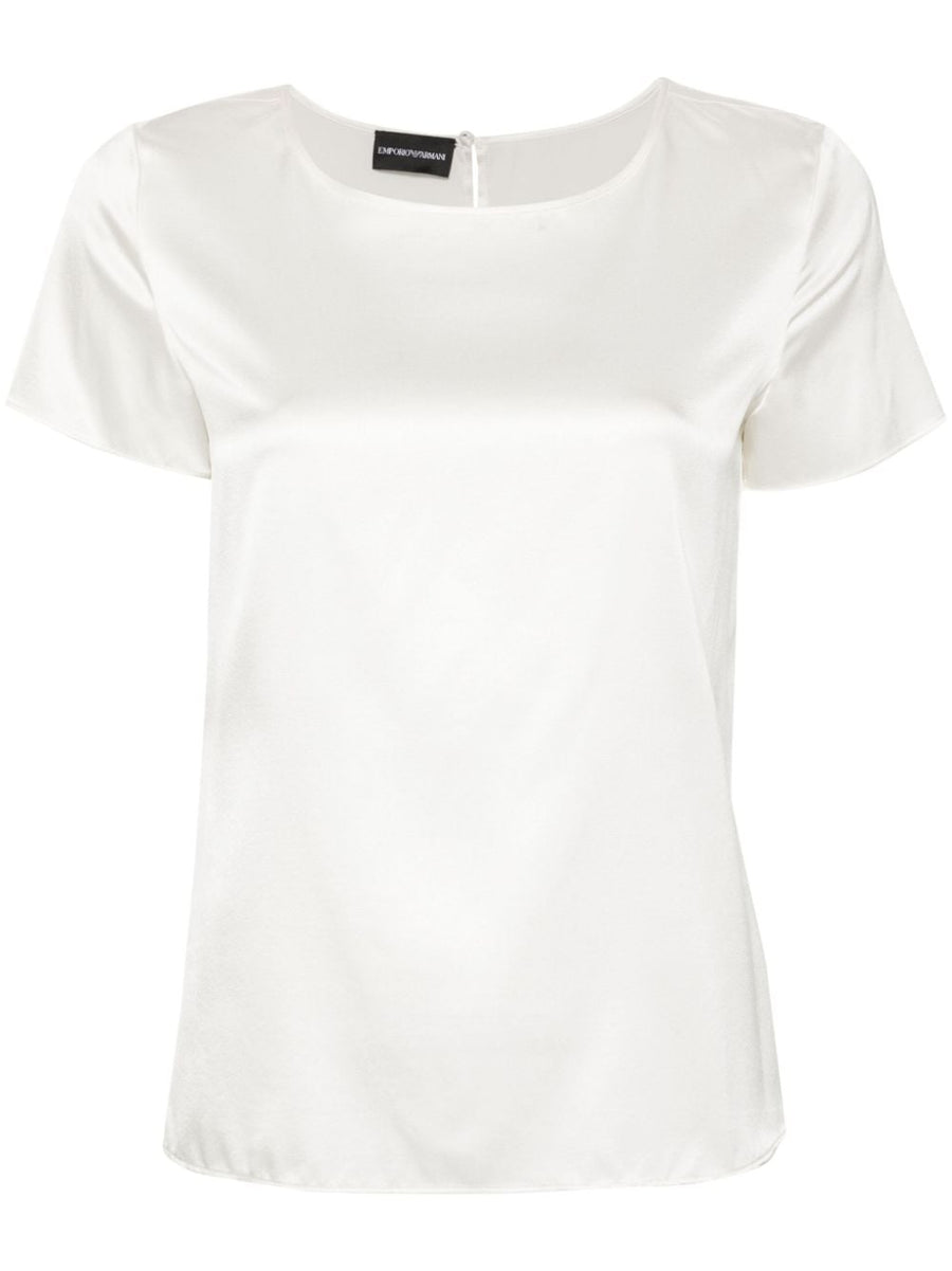 Emporio Armani Silk Top White Round Neck Short Sleeve Luxury Women With Adjustable Fit
