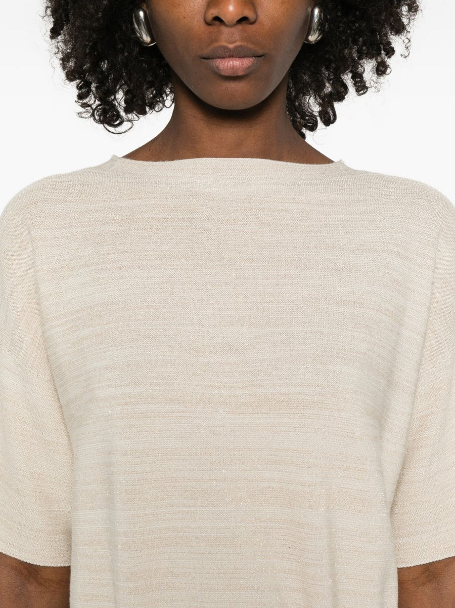 Fabiana Filippi Ivory Wool and Cotton Sweater for Women Round Neck Short Sleeve Luxury Knitwear