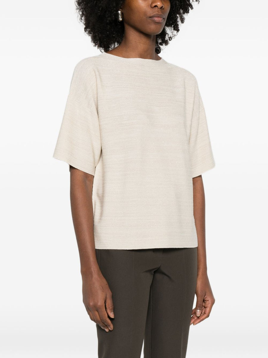 Fabiana Filippi Ivory Wool and Cotton Sweater for Women Round Neck Short Sleeve Luxury Knitwear