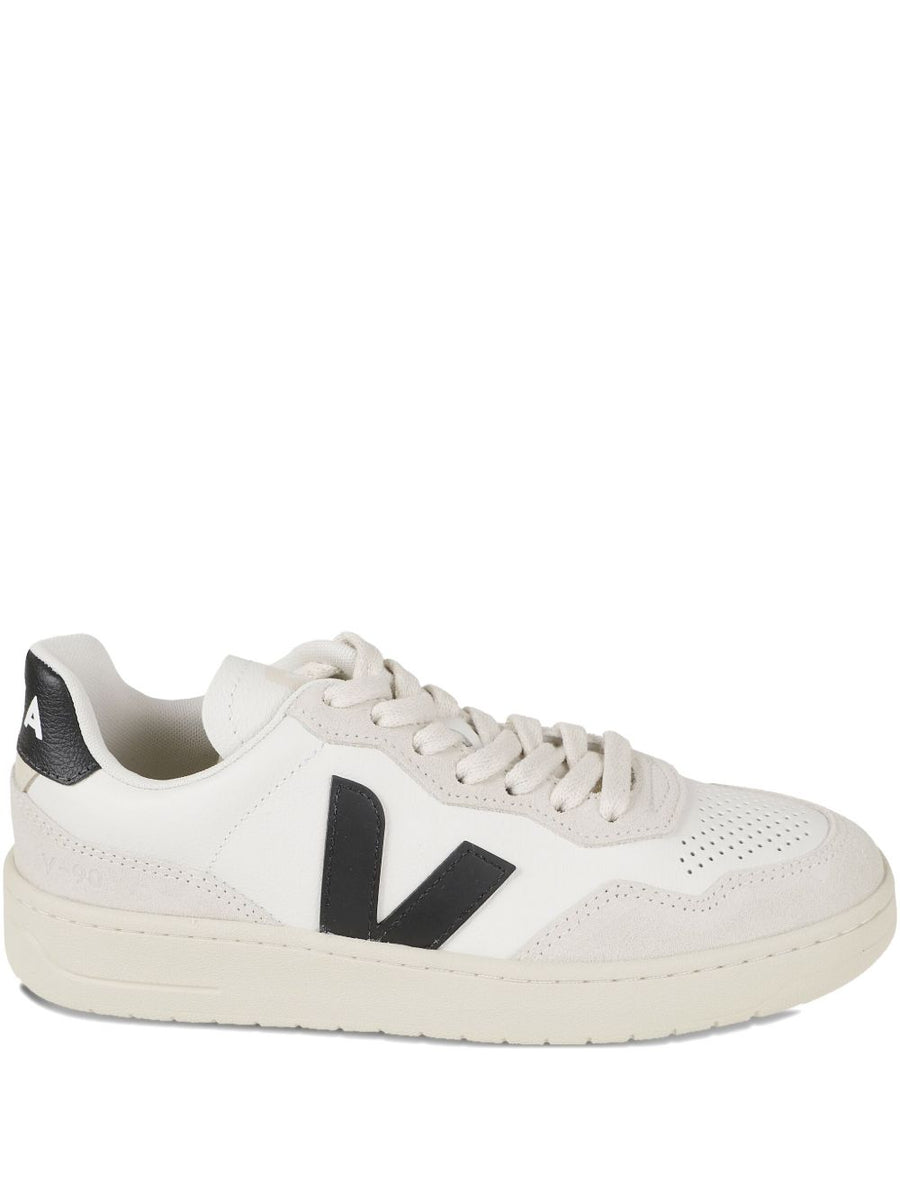 Veja V-90 Sneakers For Women With Organic Leather Upper White Beige Panel Design Perforated Detailing 4 Cm Heel
