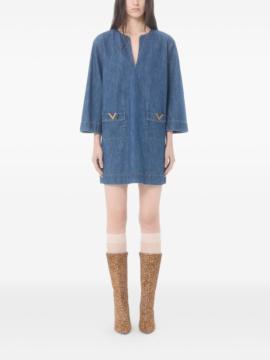Valentino VLogo Denim Dress For Women Navy V Neck Short Pockets Luxurious Signature Style