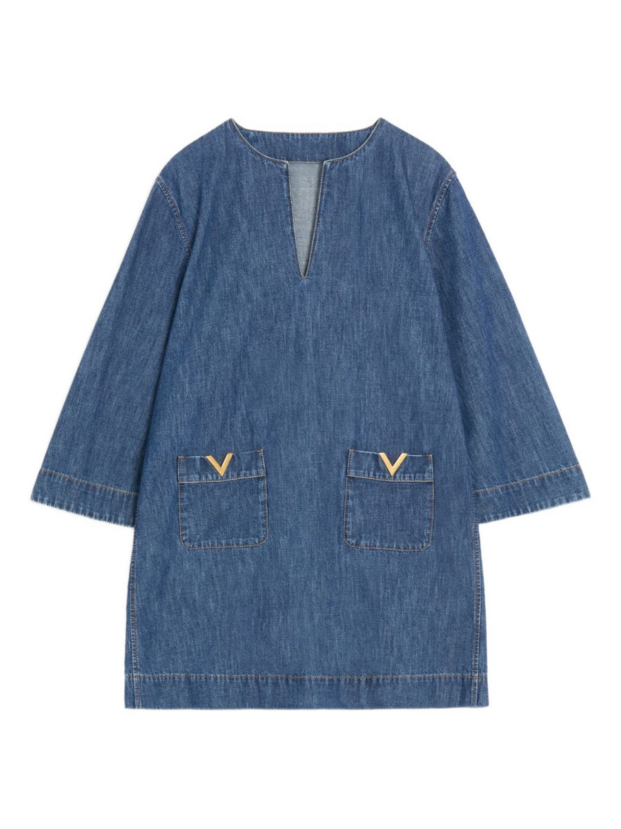 Valentino VLogo Denim Dress For Women Navy V Neck Short Pockets Luxurious Signature Style