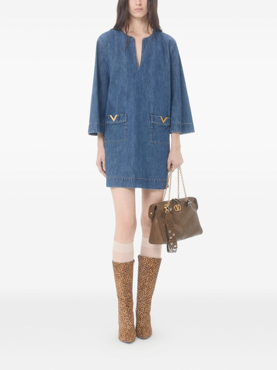 Valentino VLogo Denim Dress For Women Navy V Neck Short Pockets Luxurious Signature Style