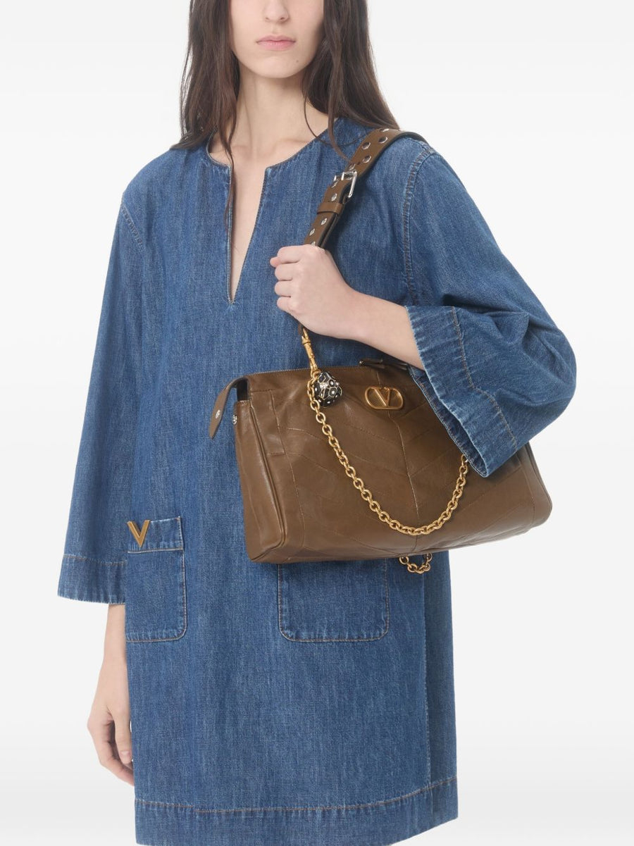 Valentino VLogo Denim Dress For Women Navy V Neck Short Pockets Luxurious Signature Style