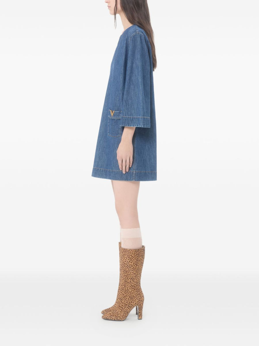 Valentino VLogo Denim Dress For Women Navy V Neck Short Pockets Luxurious Signature Style