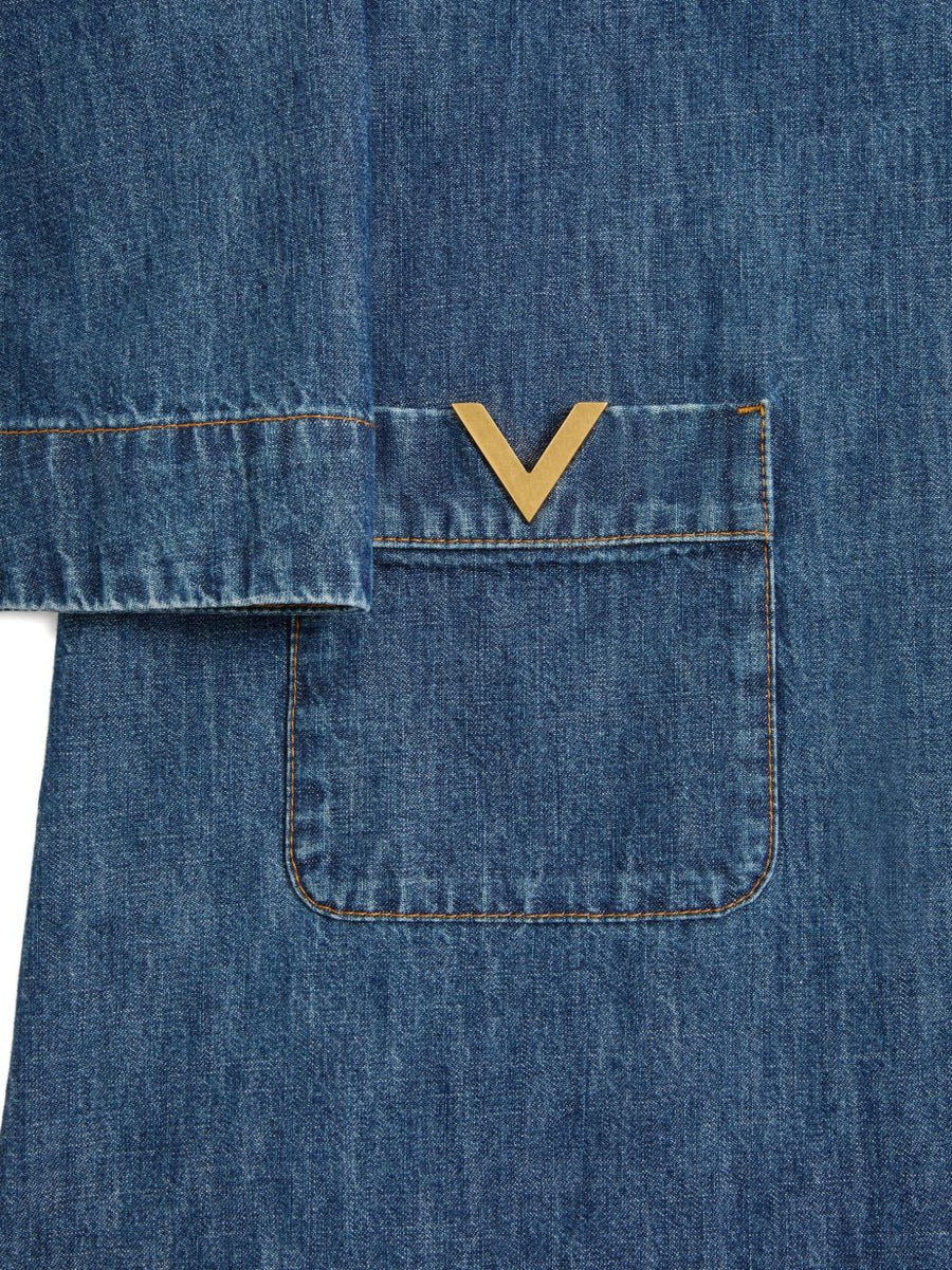 Valentino VLogo Denim Dress For Women Navy V Neck Short Pockets Luxurious Signature Style
