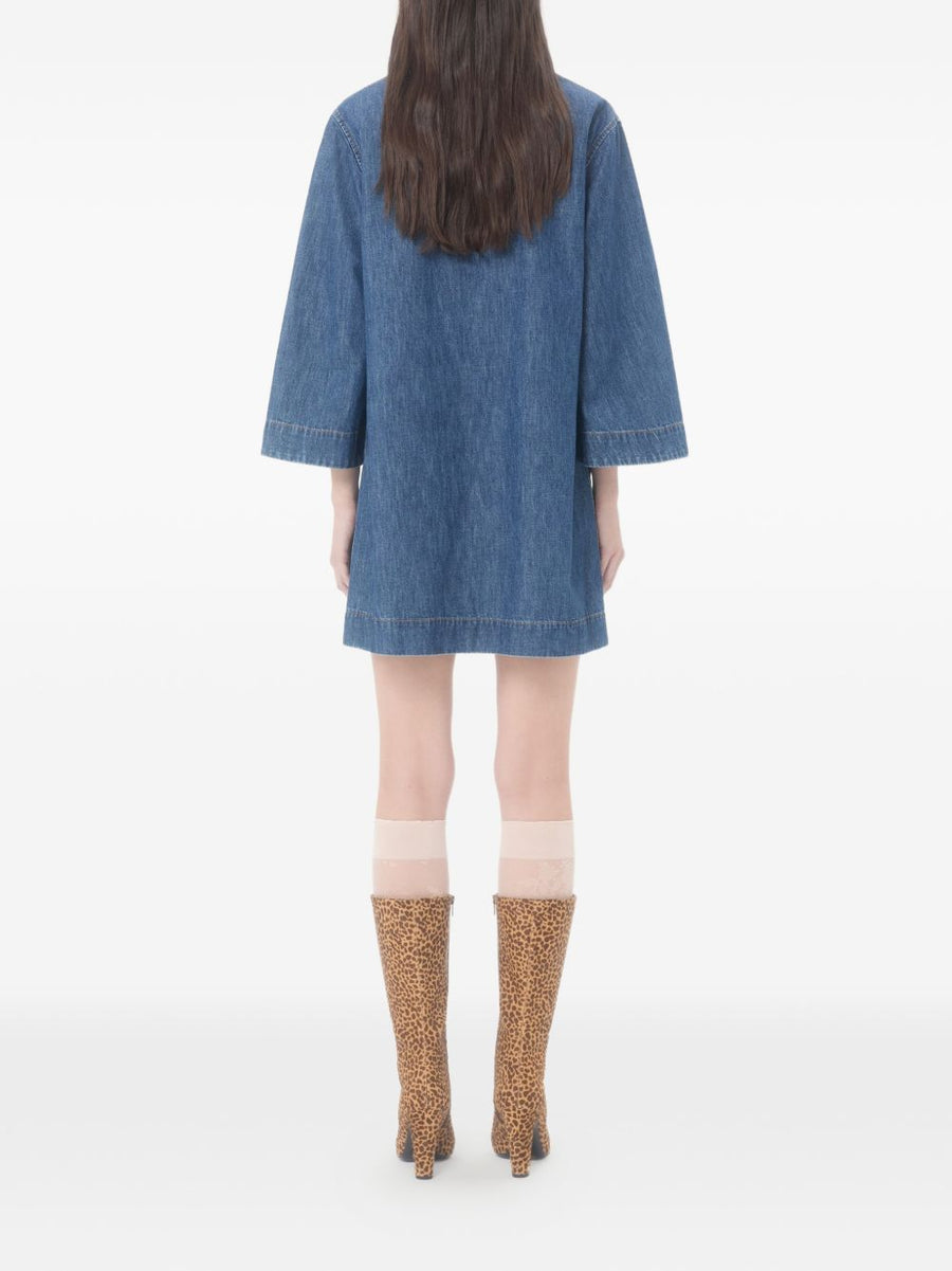 Valentino VLogo Denim Dress For Women Navy V Neck Short Pockets Luxurious Signature Style