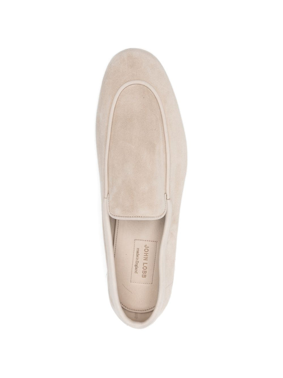 John Lobb Tyne Beige Suede Loafers With Piped Trim For Refined Smart Casual Premium Mens Wardrobe