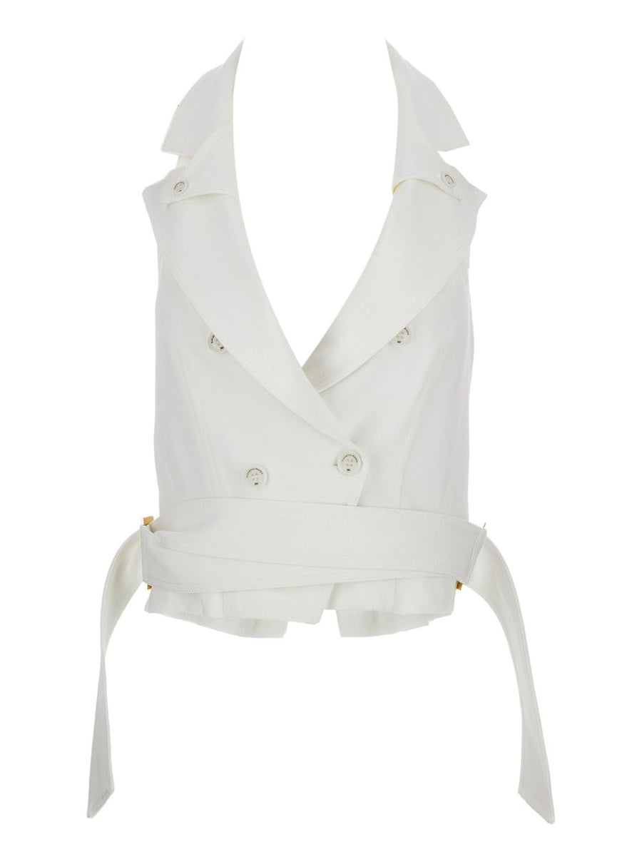 Elisabetta Franchi Belted Vest Ivory Double Breasted Sleeveless Topwear With Luxurious Removable Waist Belt For Women