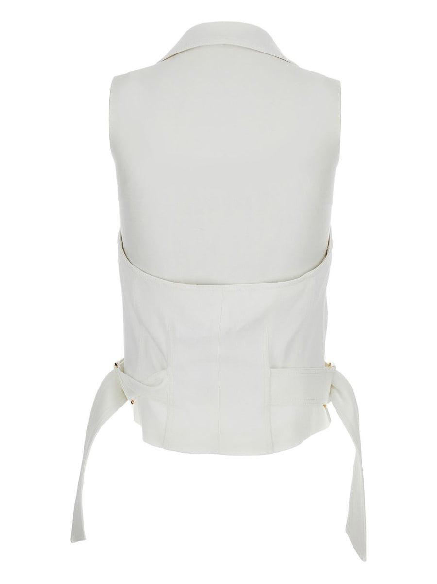 Elisabetta Franchi Belted Vest Ivory Double Breasted Sleeveless Topwear With Luxurious Removable Waist Belt For Women
