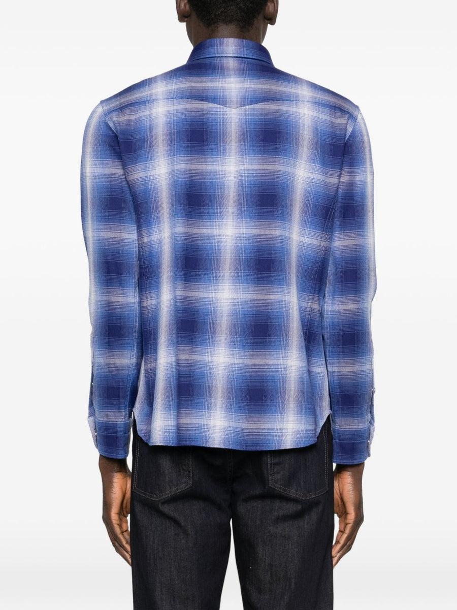 Tom Ford Navy Cotton Checked Shirt For Men With Flap Pockets