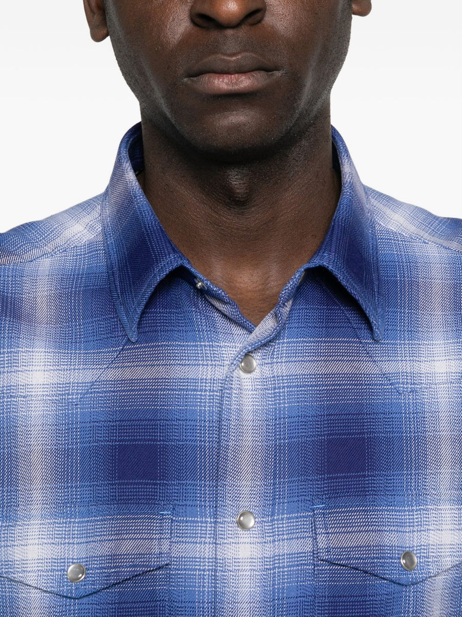 Tom Ford Navy Cotton Checked Shirt For Men With Flap Pockets
