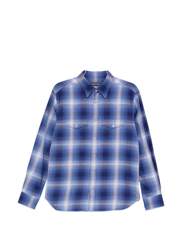Tom Ford Navy Cotton Checked Shirt For Men With Flap Pockets