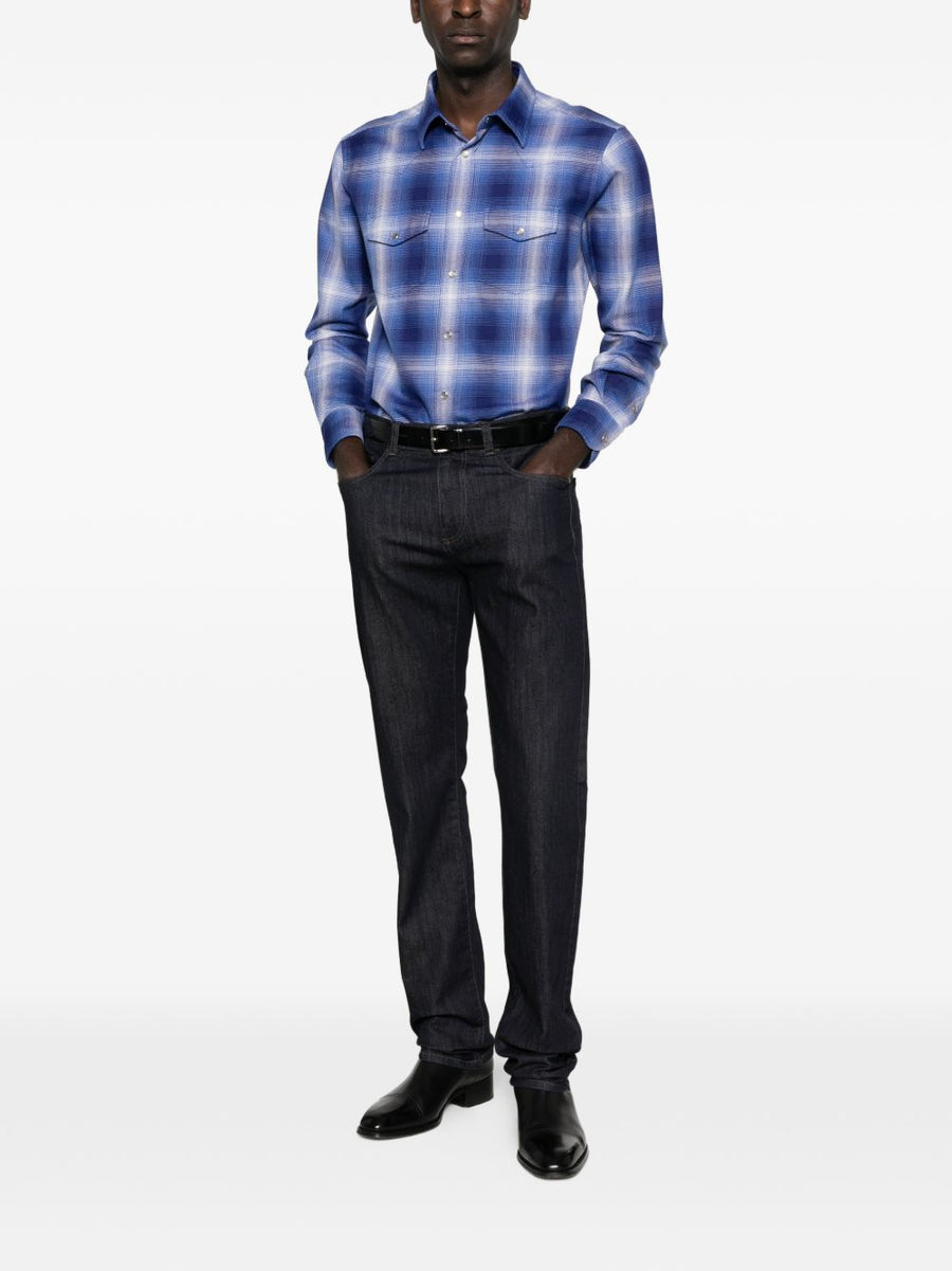 Tom Ford Navy Cotton Checked Shirt For Men With Flap Pockets