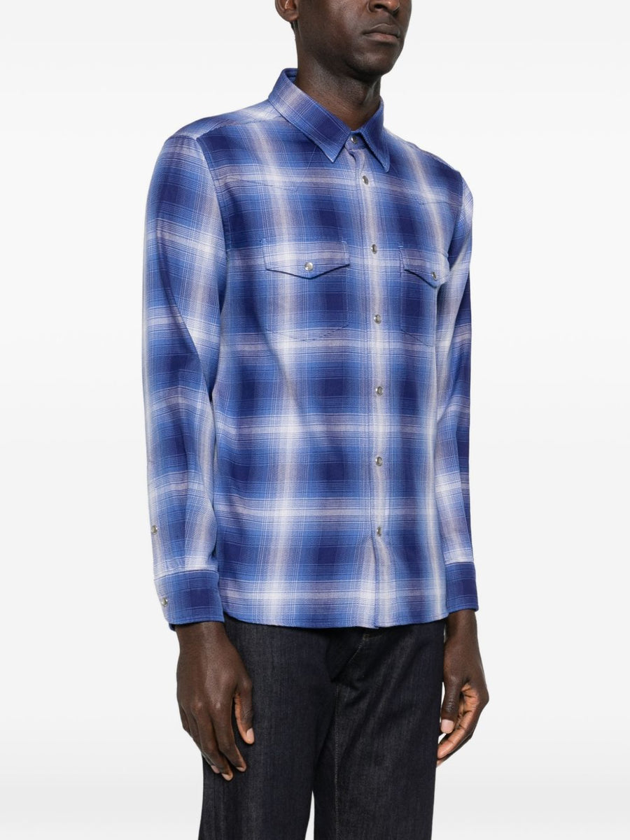 Tom Ford Navy Cotton Checked Shirt For Men With Flap Pockets