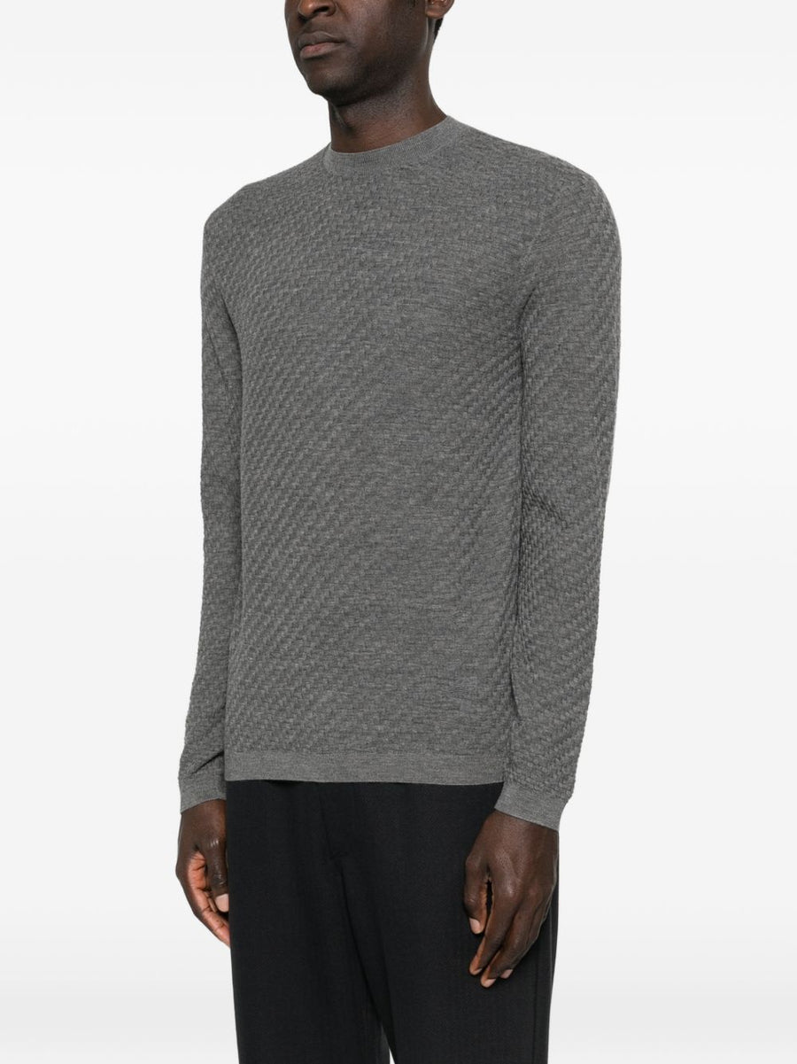 Emporio Armani Virgin Wool Crewneck Sweater For Men Grey Textured Knit Classic Fit Everyday Luxury