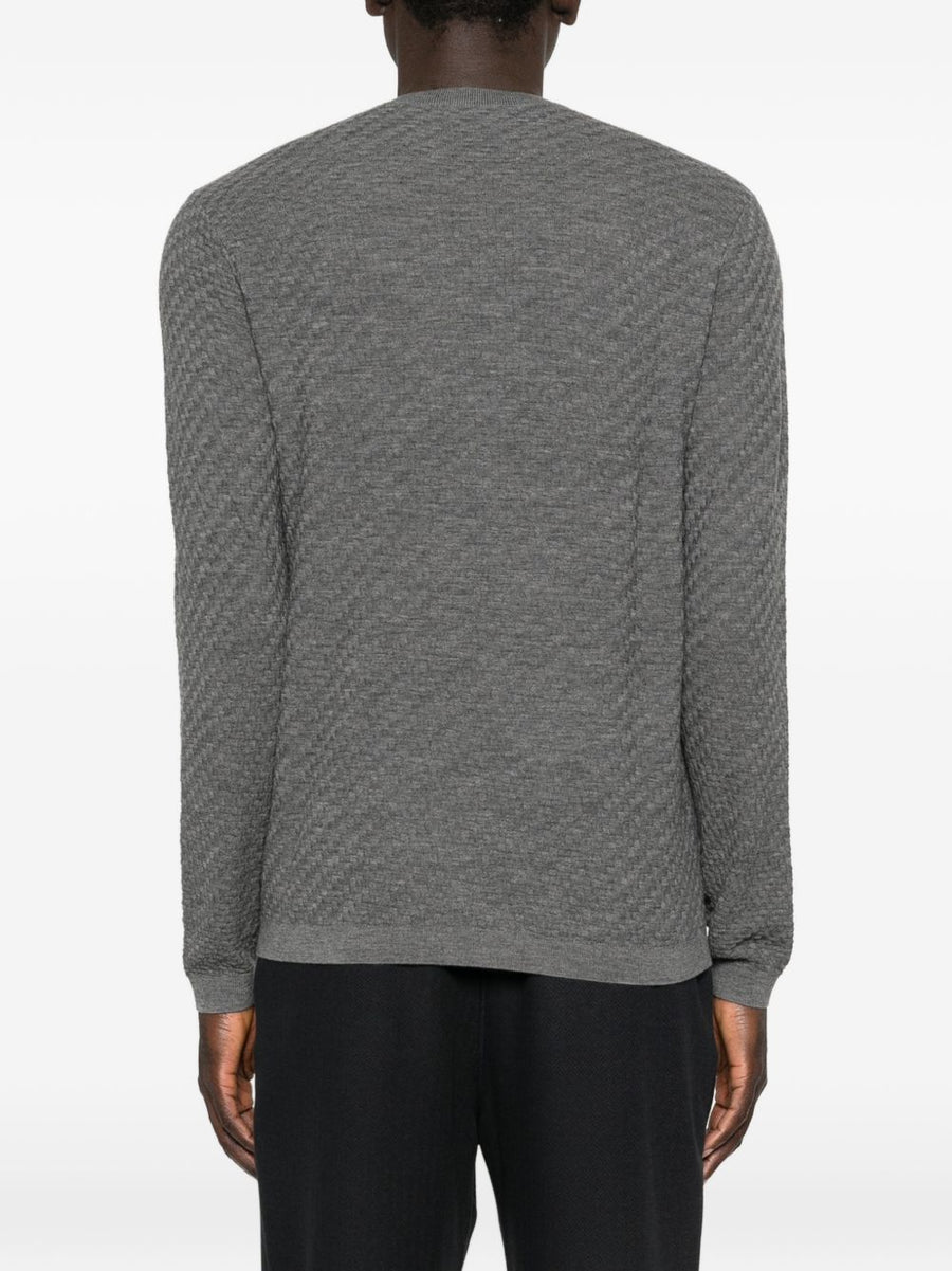 Emporio Armani Virgin Wool Crewneck Sweater For Men Grey Textured Knit Classic Fit Everyday Luxury